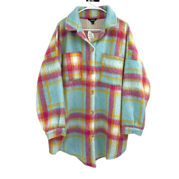 J. NNA Women's Multicolor Plaid Shirt Jacket Long Sleeve Button Up Size L - Picture 14 of 16